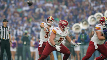 Aug 23, 2025; Dublin, IRELAND; Iowa State quarterback Rocco Becht during the Aer Lingus Classic between Iowa State and Kansas State at Aviva Stadium. Mandatory Credit: Laszlo Geczo/INPHO via Imagn Images