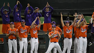 The Clemson Tigers cheer Thursday, Oct. 23, 2025, during the exhibition baseball game against the Savannah Bananas at Doug Kingsmore Stadium in Clemson, South Carolina.