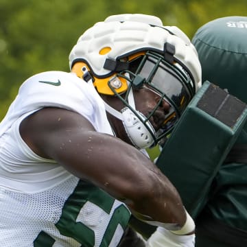 Green Bay Packers defender Kenneth Odumegwu goes through drills during last year's joint practices at the Cincinnati Bengals.