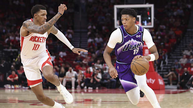 Oct 8, 2025; Houston, Texas, USA; /Utah Jazz forward Ace Bailey (19) dribbles the ball as Houston Rockets forward Jabari Smit