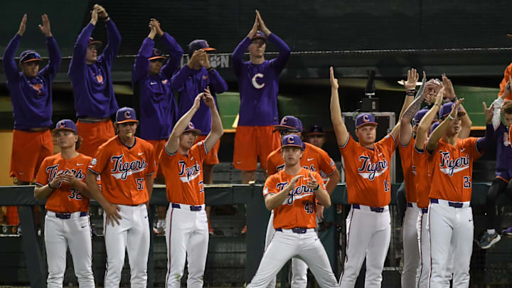 The Clemson Tigers cheer Thursday, Oct. 23, 2025, during the exhibition baseball game against the Savannah Bananas at Doug Kingsmore Stadium in Clemson, South Carolina.