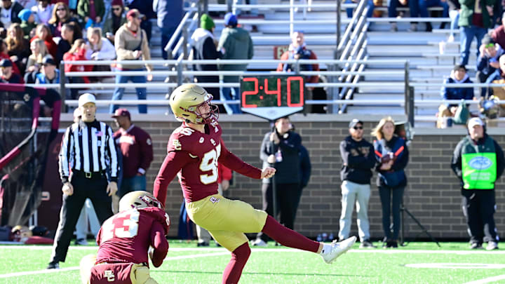 Nov 11, 2023; Chestnut Hill, Massachusetts, USA; Boston College Eagles place kicker Liam Connor (95) kicks an extra point against the Virginia Tech Hokies during the first half at Alumni Stadium. Mandatory Credit: Eric Canha-Imagn Images