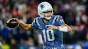 Nov 13, 2025; Foxborough, Massachusetts, USA; New England Patriots quarterback Drake Maye (10) throws a pass against the New York Jets in the first quarter at Gillette Stadium. Mandatory Credit: David Butler II-Imagn Images