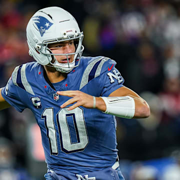 Nov 13, 2025; Foxborough, Massachusetts, USA; New England Patriots quarterback Drake Maye (10) throws a pass against the New York Jets in the first quarter at Gillette Stadium. Mandatory Credit: David Butler II-Imagn Images