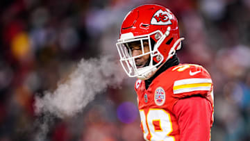 Jan 13, 2024; Kansas City, Missouri, USA; Kansas City Chiefs cornerback L'Jarius Sneed (38) reacts after a play during the first half of a 2024 AFC wild card game against the Miami Dolphins at GEHA Field at Arrowhead Stadium.