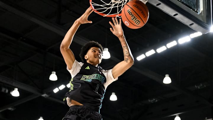 Apr 1, 2024; Houston, TX, USA; McDonald's All American East guard Jalil Bethea (1) in action during the dunk competition during the 2024 McDonalds High School All American Powerade Jam Fest at Delmar Fieldhouse. Mandatory Credit: Maria Lysaker-USA TODAY Sports