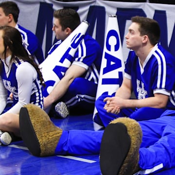 Mar 14, 2018; Boise, ID, USA; Kentucky Wildcats mascot sits on the court during the practice day before the first round of the 2018 NCAA Tournament at Taco Bell Arena. Mandatory Credit: Brian Losness-Imagn Images