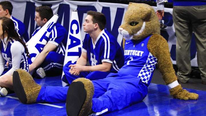 Mar 14, 2018; Boise, ID, USA; Kentucky Wildcats mascot sits on the court during the practice day before the first round of the 2018 NCAA Tournament at Taco Bell Arena. Mandatory Credit: Brian Losness-Imagn Images