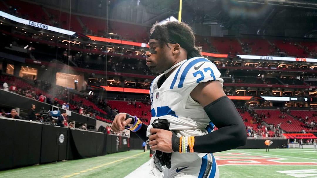 Indianapolis Colts cornerback Kenny Moore II (23) leaves the field Sunday, Dec. 24, 2023, following a 29-10 loss to the Atlanta Falcons at Mercedes-Benz Stadium in Atlanta.