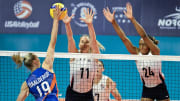 Jul 10, 2024; Long Beach, California, USA; Netherlands outside hitter Nika Daalderop (19) tries to spike over USA blocks Annie Drews (11) and Chiaka Ogbogu (24) during the USA Volleyball Cup at The Walter Pyramid. The USA defeated the Netherlands 3 -2 in a tuneup for the upcoming Paris Olympics. Mandatory Credit: Robert Hanashiro-USA TODAY Sports