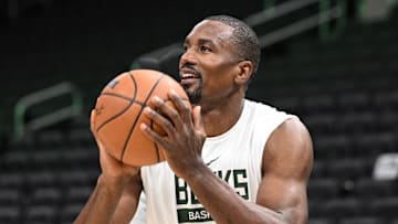 Nov 5, 2022; Milwaukee, Wisconsin, USA; Milwaukee Bucks forward Serge Ibaka (25) take a shot during pregame warmups at Fiserv Forum. Mandatory Credit: Michael McLoone-Imagn Images
