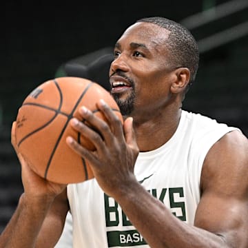 Nov 5, 2022; Milwaukee, Wisconsin, USA; Milwaukee Bucks forward Serge Ibaka (25) take a shot during pregame warmups at Fiserv Forum. Mandatory Credit: Michael McLoone-Imagn Images