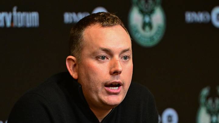 Milwaukee Bucks general manager Jon Horst addresses the media after head coach Adrian Griffin (not pictured) was dismissed at Fiserv Forum on January 24, 2024.