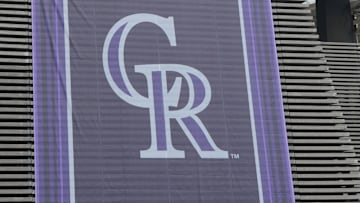 Apr 26, 2024; Mexico City, Mexico;  A banner with the Colorado Rockies logo at Estadio Alfredo Harp Helu. 