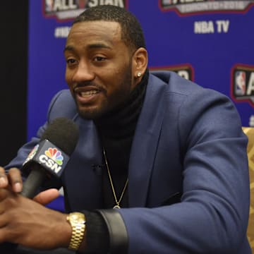 Feb 12, 2016; Toronto, Ontario, Canada; Eastern Conference guard John Wall of the Washington Wizards (2) speaks during media day for the 2016 NBA All Star Game at Sheraton Centre. Mandatory Credit: Bob Donnan-Imagn Images