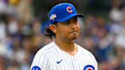 Oct 1, 2025; Chicago, Illinois, USA; Chicago Cubs relief pitcher Shota Imanaga (18) leaves the mound for a pitching change after giving up a two-run home run in the fifth inning against the San Diego Padres during game two of the Wildcard round for the 2025 MLB playoffs at Wrigley Field. Mandatory Credit: Matt Marton-Imagn Images