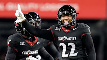 Cincinnati Bearcats linebacker Jonathan Thompson (22) celebrates after a sack during the NCAA college football game between the Cincinnati Bearcats and Kansas Jayhawks on Saturday, Nov. 25, 2023, at Nippert Stadium in Cincinnati. This is the Bearcats    last game of the season, as well as their Senior Night Saturday.