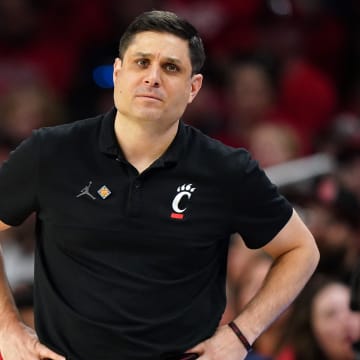 Cincinnati Bearcats head coach Wes Miller reacts to play in the first half of a college basketball game against the Bradley Braves during a second-round game of the National Invitation Tournament,, Saturday, March 23, 2024, at Fifth Third Arena in Cincinnati.