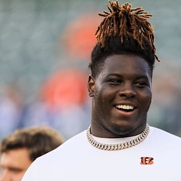 Aug 22, 2024; Cincinnati, Ohio, USA; Cincinnati Bengals offensive tackle Amarius Mims (71) stands on the field during warmups before the game against the Indianapolis Colts at Paycor Stadium. Mandatory Credit: Katie Stratman-Imagn Images