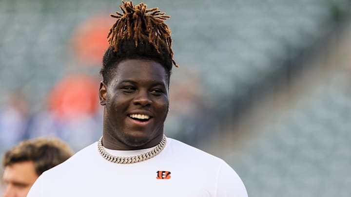 Aug 22, 2024; Cincinnati, Ohio, USA; Cincinnati Bengals offensive tackle Amarius Mims (71) stands on the field during warmups before the game against the Indianapolis Colts at Paycor Stadium. Mandatory Credit: Katie Stratman-Imagn Images