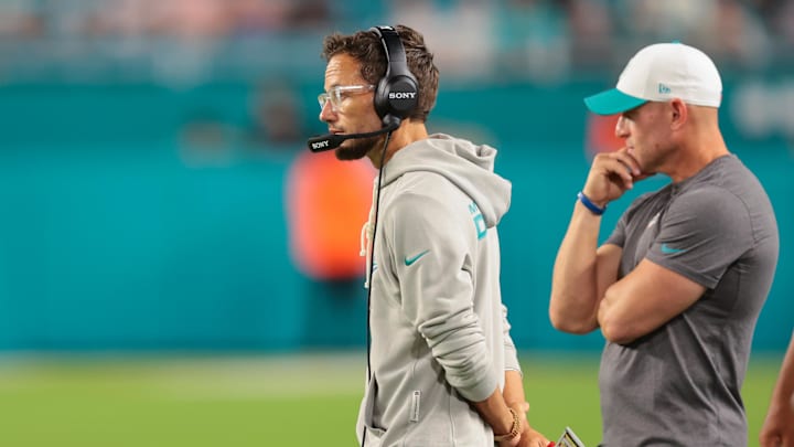 Miami Dolphins head coach Mike McDaniel watches from the sideline against the Jacksonville Jaguars.