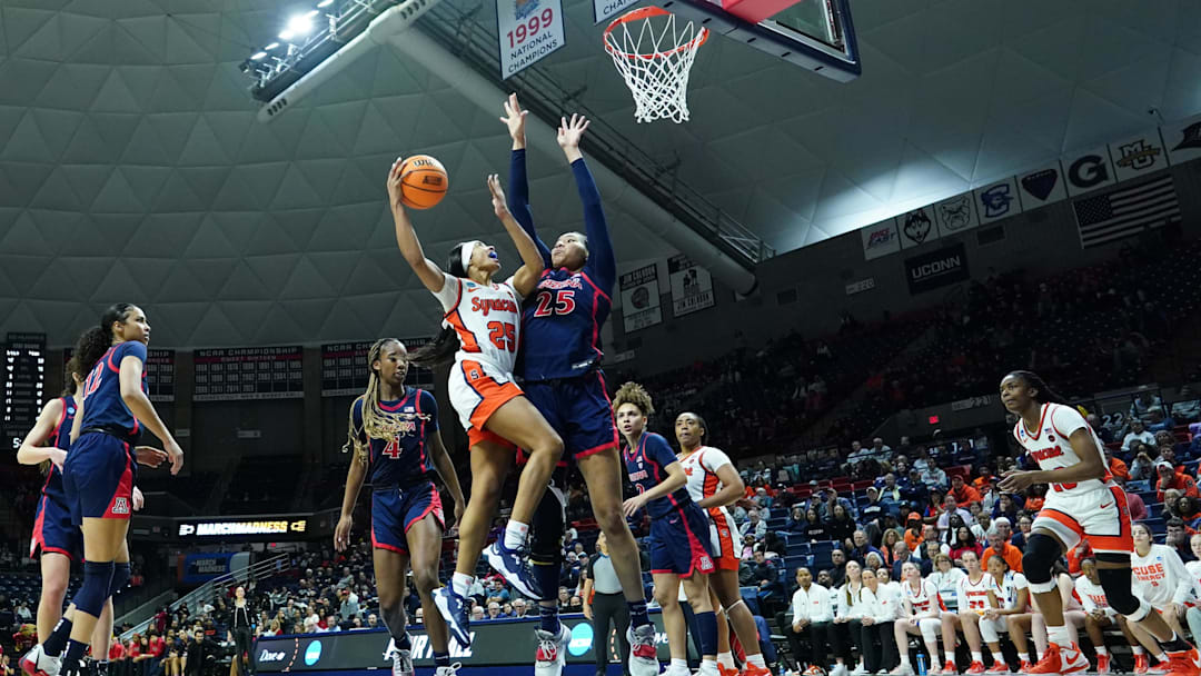 Mar 23, 2024; Storrs, Connecticut, USA; Syracuse Orange guard Alaina Rice (25) shoots against Arizona Wildcats forward Breya Cunningham (25) in the second half at Harry A. Gampel Pavilion. Mandatory Credit: David Butler II-Imagn Images