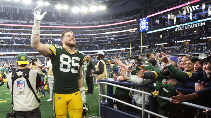 Green Bay Packers tight end Tucker Kraft celebrates after last year's playoff win at the Dallas Cowboys.