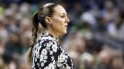 Feb 7, 2020; Eugene, Oregon, USA; Arizona Wildcats head coach Adia Barnes watches from the sideline against the Oregon Ducks during the first half at Matthew Knight Arena