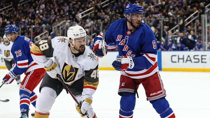 New York Rangers center J.T. Miller wins a face-off against Vegas Golden Knights center Tomas Hertl. New York Rangers center J.T. Miller wins a face-off against Vegas Golden Knights center Tomas Hertl.