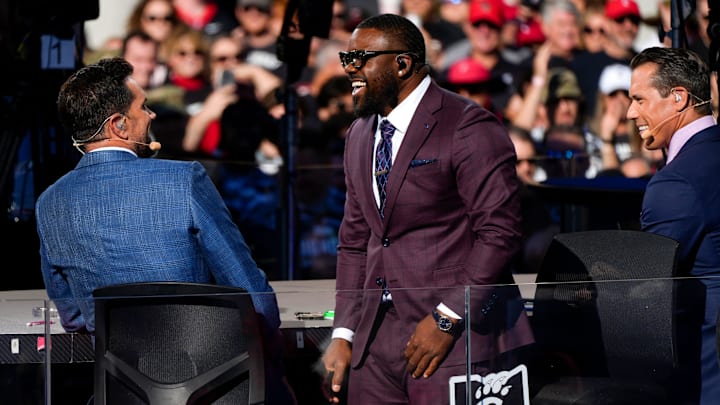 From left: Co-hosts Matt Leinart, Mark Ingram II and Brady Quinn share a laugh on stage on Saturday, Sept. 23, 2023 during Fox   s    Big Noon Kickoff Show    at Bearcat Commons on the University of Cincinnati   s campus in Cincinnati.