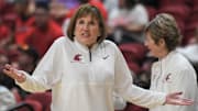 Washington State women's basketball coach Kamie Ethridge talks to an official while facing Texas Tech in a non-conference women's basketball game Saturday, Nov. 16, 2024, at United Supermarkets Arena.