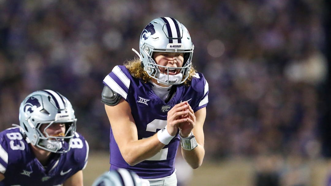 Nov 16, 2024; Manhattan, Kansas, USA; Kansas State Wildcats quarterback Avery Johnson (2) waits for the snap during the second quarter against the Arizona State Sun Devils at Bill Snyder Family Football Stadium. Mandatory Credit: Scott Sewell-Imagn Images