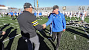 Nov 2, 2024; West Point, New York, USA; Air Force Falcons head coach Troy Calhoun shakes hands with Army Black Knights head coach Jeff Monken after Army’s 20-3 win at Michie Stadium. 