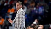Alabama head coach Nate Oats works with his team against Florida during the first half of a Southeastern Conference tournament semifinal game at Bridgestone Arena in Nashville, Tenn., Saturday, March 15, 2025.