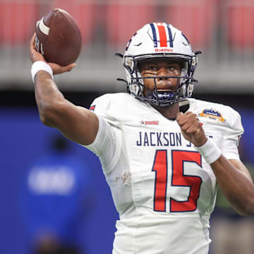 Dec 14, 2024; Atlanta, GA, USA; Jackson State Tigers quarterback Jacobian Morgan (15) warms up before a game against the South Carolina State Bulldogs at Mercedes-Benz Stadium. Mandatory Credit: Brett Davis-Imagn Images