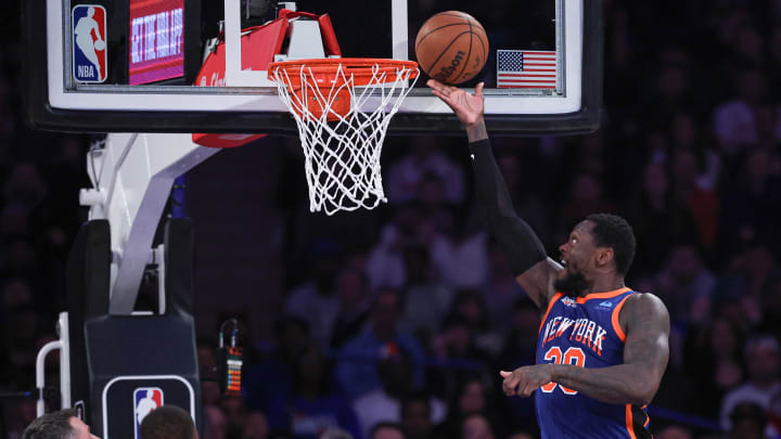 Jan 27, 2024; New York, New York, USA; New York Knicks forward Julius Randle (30) lays the ball up during the first half against the Miami Heat cat Madison Square Garden. Mandatory Credit: Vincent Carchietta-USA TODAY Sports