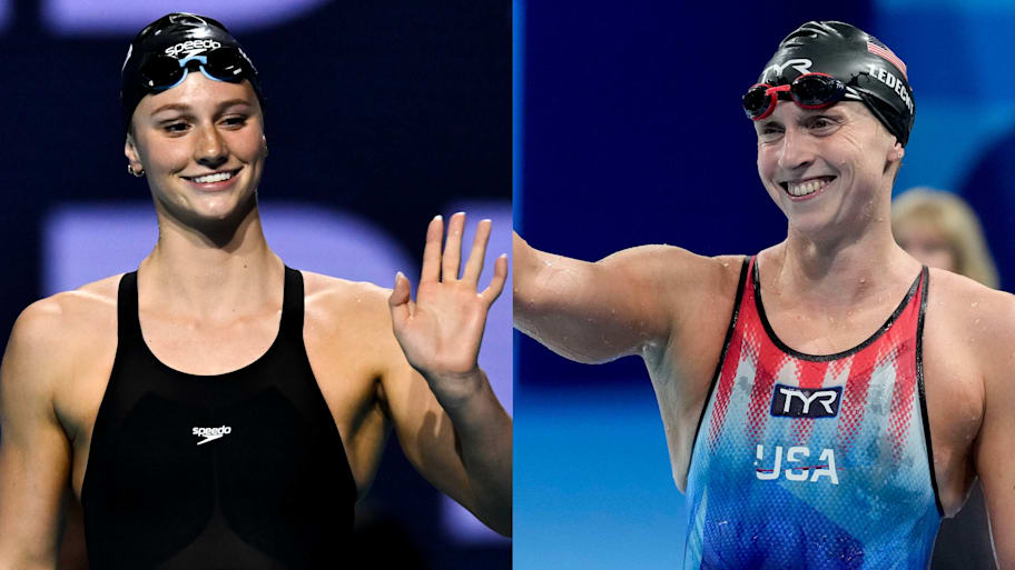 Summer McIntosh (left) and Katie Ledecky are poised to duel in the 800-meter freestyle on Aug. 2—perhaps the most anticipated event at World Aquatics championships. | Andrea Masini/Deepbluemedia/Insidefoto/Mondadori Portfolio via Getty Image and Grace Hollars-Imagn Images