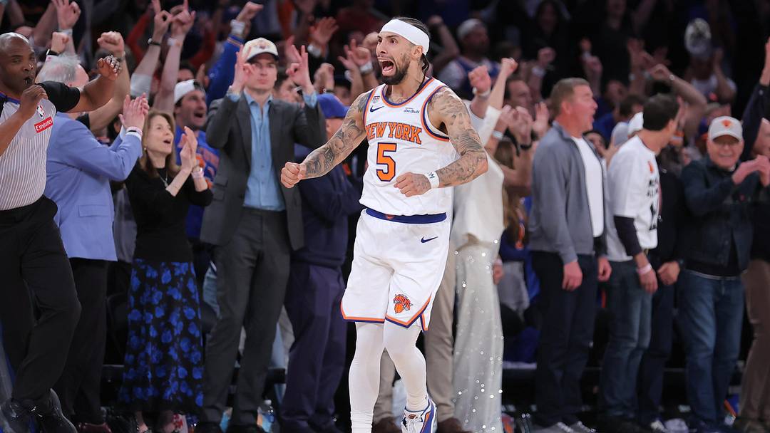 Jun 10, 2026; New York, New York, USA; New York Knicks guard Jose Alvarado (5) reacts in the fourth quarter against the San Antonio Spurs during game four of the 2026 NBA Finals at Madison Square Garden. Mandatory Credit: Brad Penner-Imagn Images