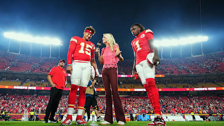 Kansas City Chiefs quarterback Patrick Mahomes (15) and wide receiver Xavier Worthy (1) talk with reporter Melissa Stark after defeating the Baltimore Ravens