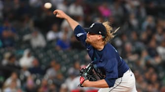 Jul 22, 2024; Seattle, Washington, USA; Seattle Mariners relief pitcher Ryne Stanek (45) pitches to the Los Angeles Angels during the eighth inning at T-Mobile Park. Mandatory Credit: Steven Bisig-USA TODAY Sports