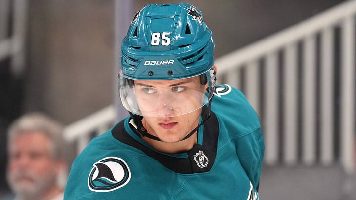 San Jose Sharks defenseman Shakir Mukhamadullin (85) before the game against the Vegas Golden Knights at SAP Center at San Jose. Mandatory Credit: Darren Yamashita-Imagn Images