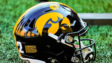 Sep 18, 2021; Iowa City, Iowa, USA; A Hawkeye helmet sits on the sidelines during the game between the Iowa Hawkeyes and the Kent State Golden Flashes at Kinnick Stadium. Mandatory Credit: Jeffrey Becker-Imagn Images