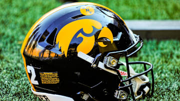 Sep 18, 2021; Iowa City, Iowa, USA; A Hawkeye helmet sits on the sidelines during the game between the Iowa Hawkeyes and the Kent State Golden Flashes at Kinnick Stadium. Mandatory Credit: Jeffrey Becker-Imagn Images