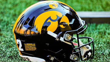 Sep 18, 2021; Iowa City, Iowa, USA; A Hawkeye helmet sits on the sidelines during the game between the Iowa Hawkeyes and the Kent State Golden Flashes at Kinnick Stadium. Mandatory Credit: Jeffrey Becker-Imagn Images
