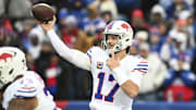 Nov 16, 2025; Orchard Park, New York, USA;  Buffalo Bills quarterback Josh Allen (17) throws a pass against the Tampa Bay Buccaneers during the first half of the game at Highmark Stadium. Mandatory Credit: Mark Konezny-Imagn Images