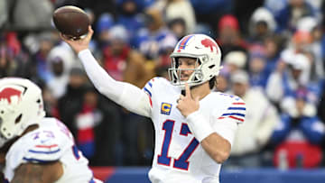 Nov 16, 2025; Orchard Park, New York, USA;  Buffalo Bills quarterback Josh Allen (17) throws a pass against the Tampa Bay Buccaneers during the first half of the game at Highmark Stadium. Mandatory Credit: Mark Konezny-Imagn Images