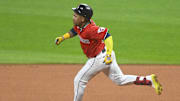 Sep 24, 2025; Cleveland, Ohio, USA; Cleveland Guardians third baseman Jose Ramirez (11) runs the bases in the first inning against the Detroit Tigers at Progressive Field. Mandatory Credit: David Richard-Imagn Images