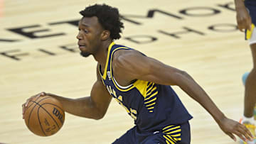 Oct 10, 2024; Cleveland, Ohio, USA; Indiana Pacers center James Wiseman (13) dribbles in the third quarter against the Cleveland Cavaliers at Rocket Mortgage FieldHouse. Mandatory Credit: David Richard-Imagn Images