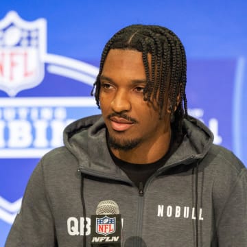 Mar 1, 2024; Indianapolis, IN, USA; Louisiana State quarterback Jayden Daniels (QB01) talks to the media at the NFL Combine.
