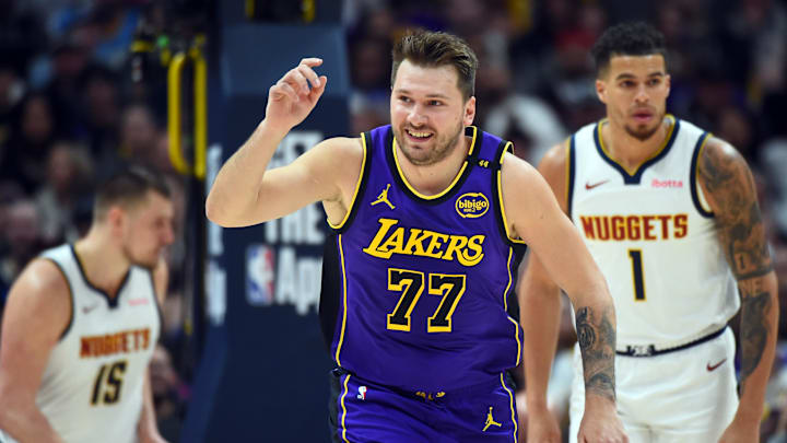 Los Angeles Lakers guard Luka Doncic celebrates after a basket against the Denver Nuggets.
